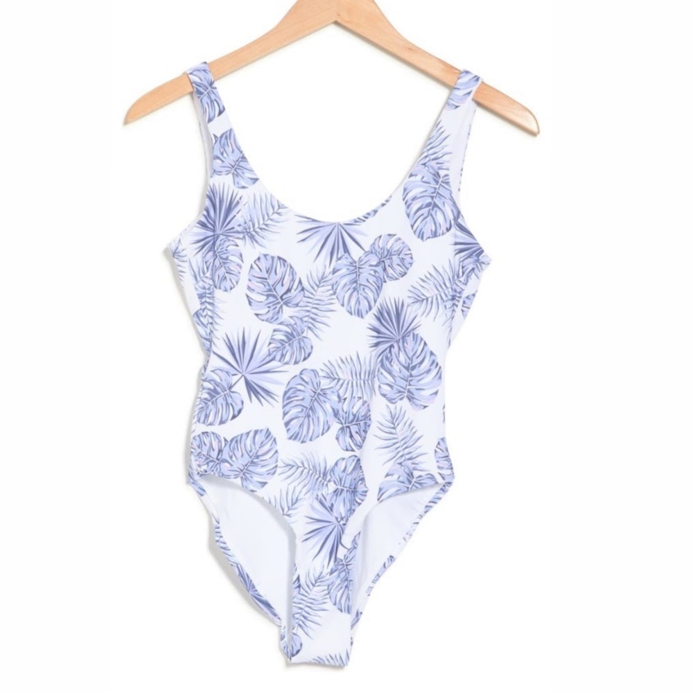 Onia Kelly One Piece White Blue Tropical Plant Print Low Back Bathing Suit